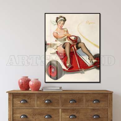 Poster - Marilyn Monroe and a sports car, 60 x 90 см, Framed poster on glass, Famous People