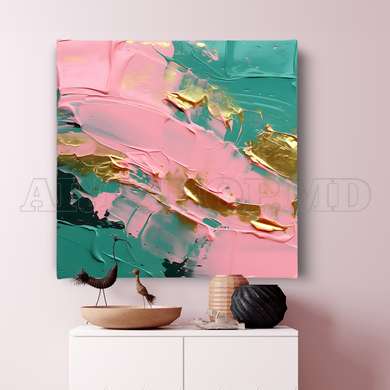 Poster - Turquoise green, pink and gold abstraction, 40 x 40 см, Canvas on frame, Abstract