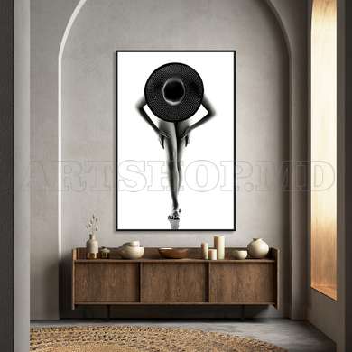 Poster - Black & White Nude Woman With a Hat, 30 x 45 см, Canvas on frame, Nude