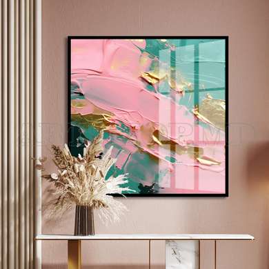 Poster - Turquoise green, pink and gold abstraction, 100 x 100 см, Framed poster on glass, Abstract