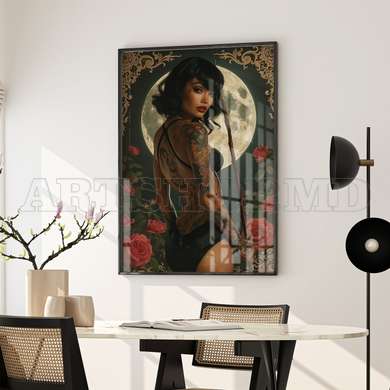 Poster - The girl on the background of the moon, 60 x 90 см, Framed poster on glass, Glamour