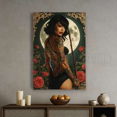 Poster - The girl on the background of the moon, 60 x 90 см, Framed poster on glass, Glamour