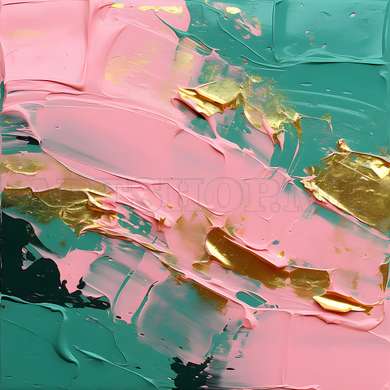 Poster - Turquoise green, pink and gold abstraction, 100 x 100 см, Framed poster on glass, Abstract