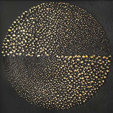 Poster - Cerc auriu punctat pe un fundal negru, 40 x 40 см, Panza pe cadru, Abstracție