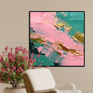 Poster - Turquoise green, pink and gold abstraction, 100 x 100 см, Framed poster on glass, Abstract