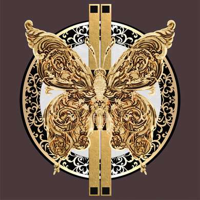 Poster - Golden butterfly on a brown background with decorative elements, 40 x 40 см, Canvas on frame