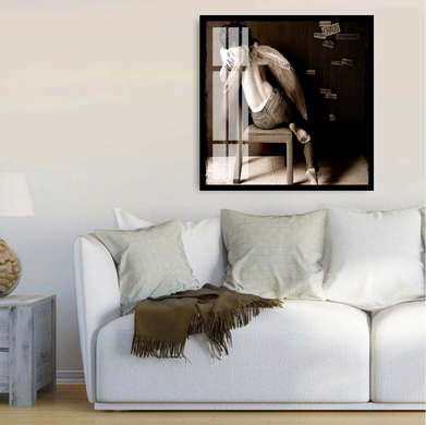 Постер - Ангел с крыльями, 100 x 100 см, Постер на Стекле в раме, Черно Белые