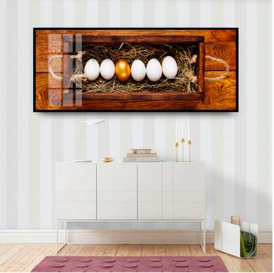 Poster - Golden egg, 150 x 50 см, Framed poster on glass, Food and Drinks