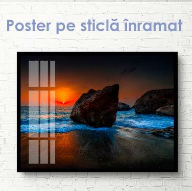Poster - Sunset on the background of the sea and rocks, 45 x 30 см, Canvas on frame