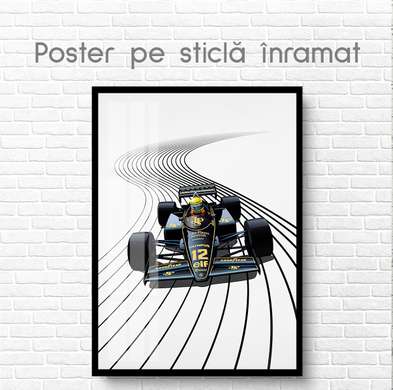 Постер - Формула 1 на полосатой дороге, 60 x 90 см, Постер на Стекле в раме, Транспорт