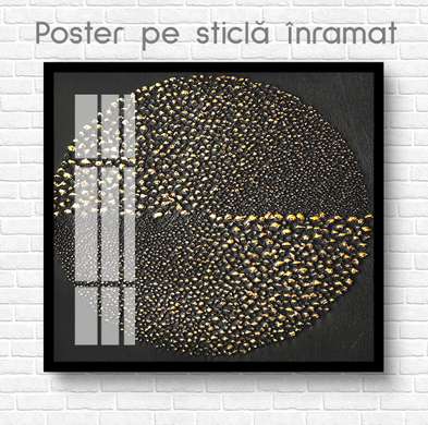 Постер - Золотой круг в крапинку на черном фоне, 100 x 100 см, Постер на Стекле в раме