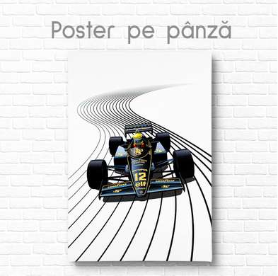 Poster - Formula 1 on a striped road, 30 x 45 см, Canvas on frame