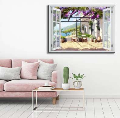 Наклейка на стену - 3D-окно с видом на террасу с фиолетовыми цветами, Имитация окна, 130 х 85