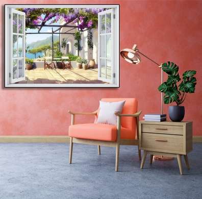 Наклейка на стену - 3D-окно с видом на террасу с фиолетовыми цветами, Имитация окна, 130 х 85