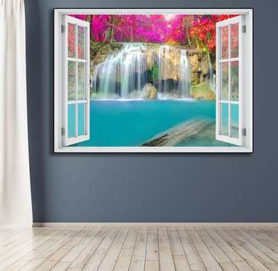 Наклейка на стену - 3D-окно с видом на каскад, окруженный цветами, 70 х 50