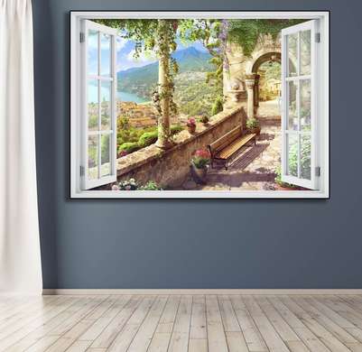 Wall Sticker - 3D window with a view of the bridge leading to the beautiful city, Window imitation