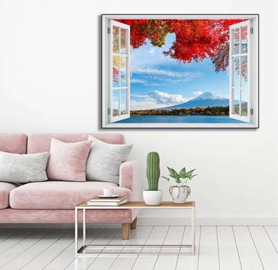 Наклейка на стену - 3D-окно с видом на море в горах, Имитация окна, 130 х 85