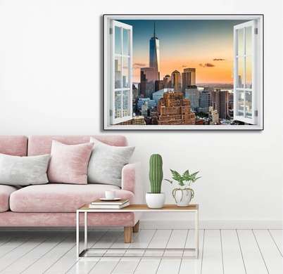 Наклейка на стену - 3D-окно с видом на огромные здания, Имитация окна, 70 х 50