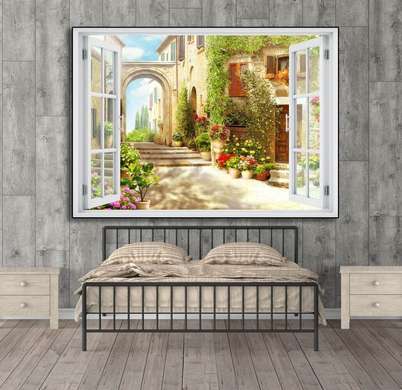 Stickere pentru pereți - Fereastra 3D cu vedere spre un cartier liniștit, Imitarea Ferestrei, 130 х 85