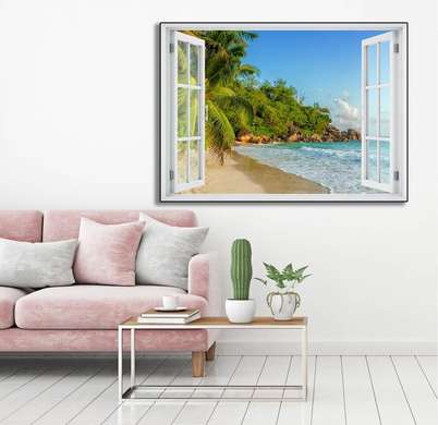 Наклейка на стену - Окно с видом на залитый солнцем пляж в пальмах, Имитация окна, 130 х 85