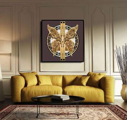 Poster - Fluture auriu pe fond maro cu elemente decorative, 100 x 100 см, Poster inramat pe sticla