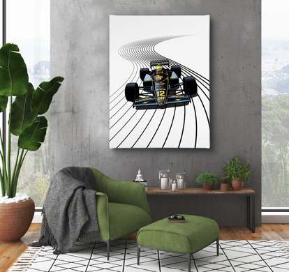 Poster - Formula 1 on a striped road, 60 x 90 см, Framed poster on glass, Transport