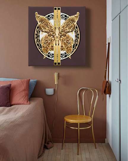 Poster - Golden butterfly on a brown background with decorative elements, 40 x 40 см, Canvas on frame, Glamour