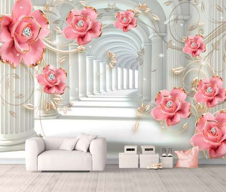 3D Wallpaper - Columns and precious flowers