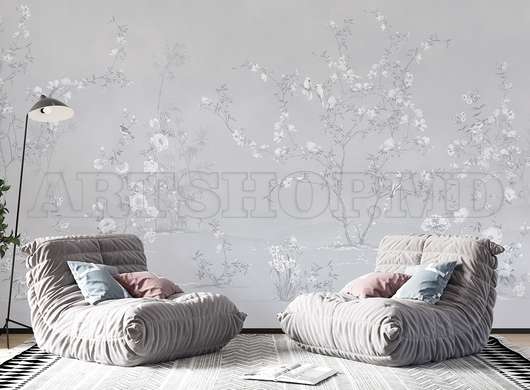 Wall mural - Trees with tender flowers and birds in shades of gray