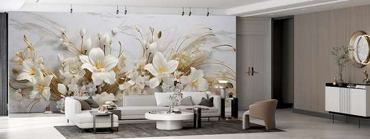 Fototapet 3D- Lilii albe cu frunze aurii