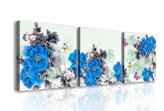Модульная картина, Синие цветы на абстрактном сером фоне, 225 x 75