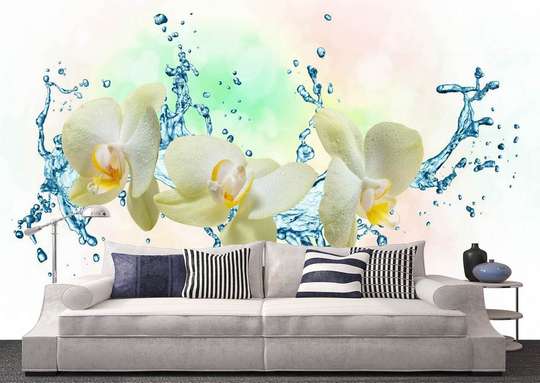 Fototapet - Orhidee albe și stropi de apă