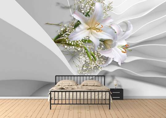 3D Wallpaper - White lilies on a background of white silk
