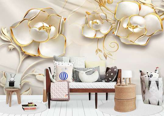 Fototapet 3D - Flori albe cu ornamente aurii pe un fundal cu aspect de mătase