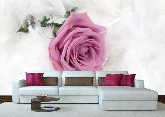 Фотообои - Розовая роза и пушистые перья