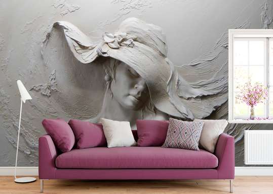 3D Wallpaper- Lady with hat and butterflies, gray color