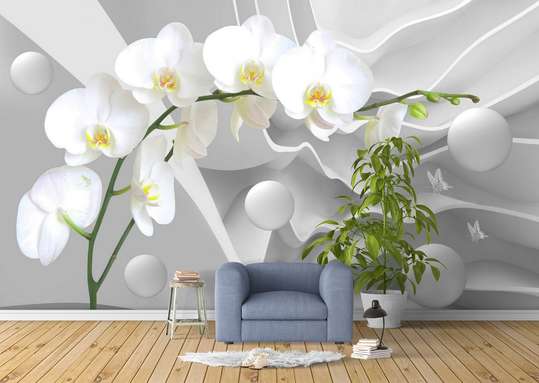 3D Wallpaper - White orchid on a white 3D background.