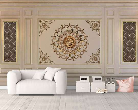 Wall Mural - Beige wall with golden patterns