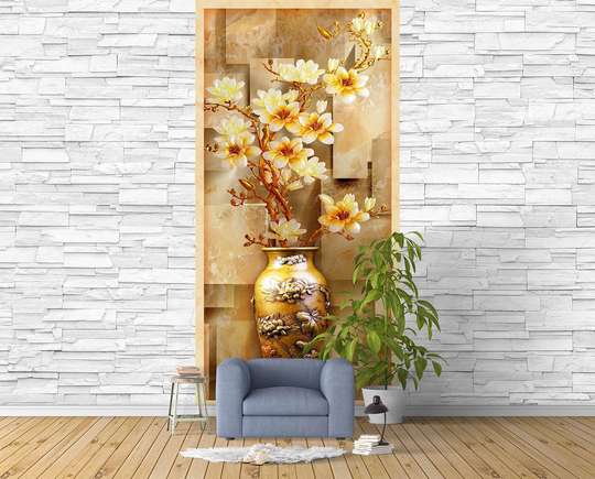 Wall Mural - Vase with flowers on a golden wooden background