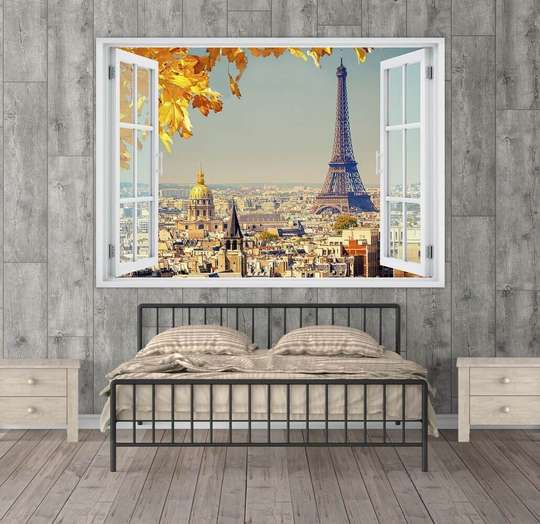 Наклейка на стену - 3D-окно с видом на город Париж, Имитация окна, 130 х 85