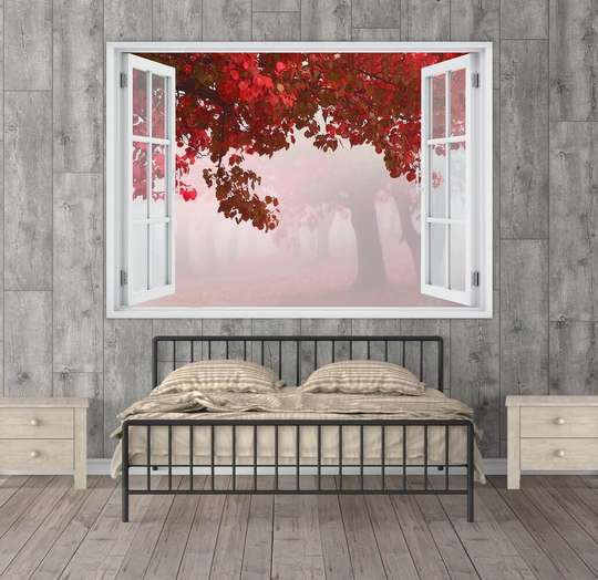 Wall Sticker - 3D window with a view of the forest in the fog, Window imitation