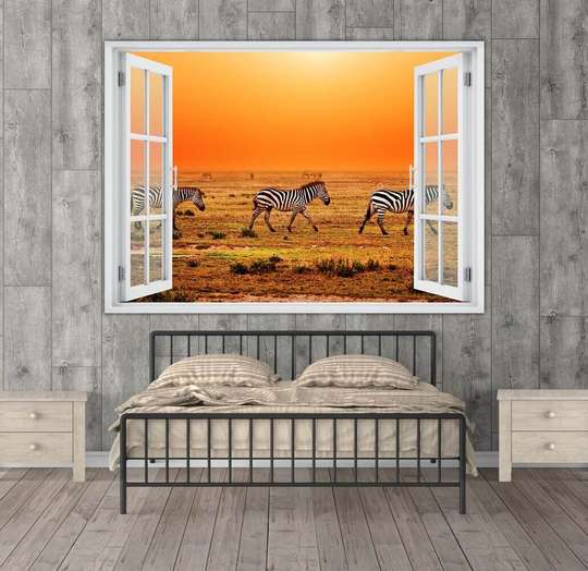 Stickere pentru pereți - Fereastra 3D cu vedere spre zebre la apus de soare, Imitarea Ferestrei, 130 х 85