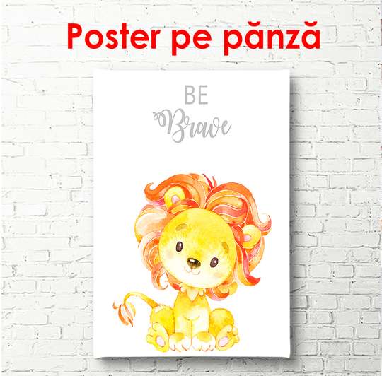 Poster - Pui de leu pe fundal alb, 60 x 90 см, Poster înrămat, Pentru Copii