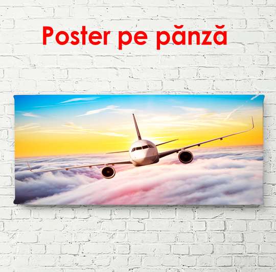 Poster - Airplane in the clouds, 90 x 45 см, Framed poster