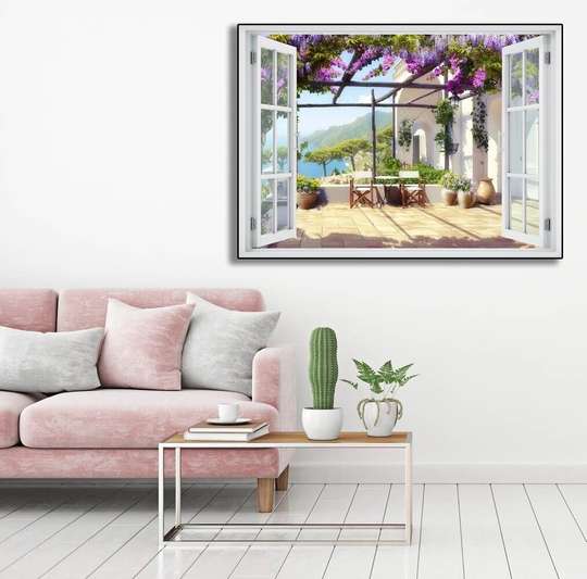 Наклейка на стену - 3D-окно с видом на террасу с фиолетовыми цветами, 130 х 85