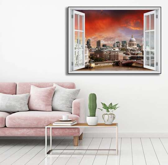 Stickere pentru pereți - Fereastra 3D cu vedere spre apus de soare într-un oraș pe malul mării, Imitarea Ferestrei, 130 х 85