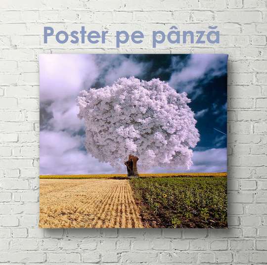Постер - Фиолетовое дерево в пшеничном поле, 40 x 40 см, Холст на подрамнике
