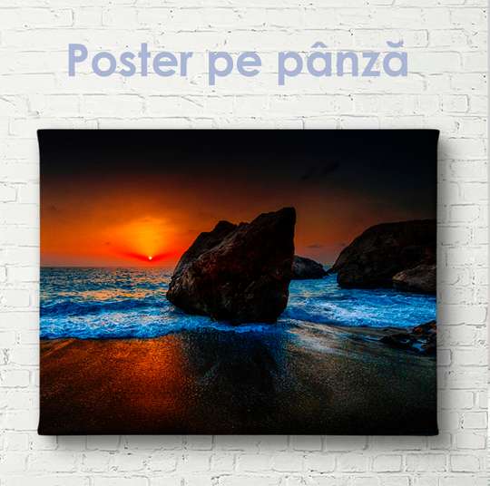 Poster - Apus de soare pe fundalul mării și stânci, 45 x 30 см, Panza pe cadru