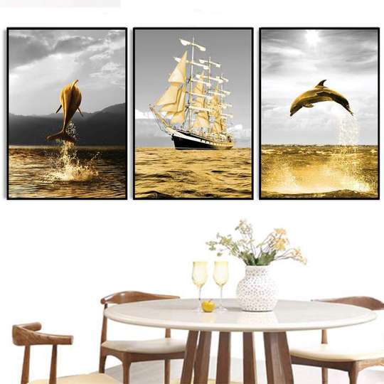 Постер - Море - корабль- дельфины, 60 x 90 см, Постер на Стекле в раме, Наборы
