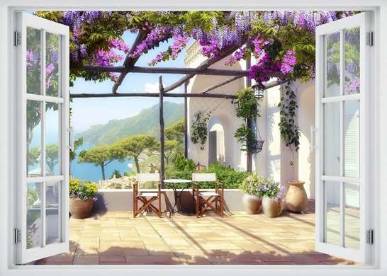 Wall Sticker - 3D window with purple flowers terrace view, Window imitation